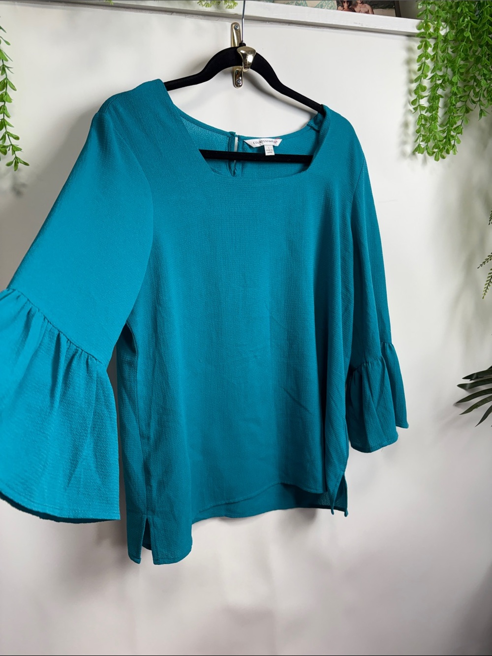 Counterparts Teal Ruffle Sleeve Scoop Neck Blouse